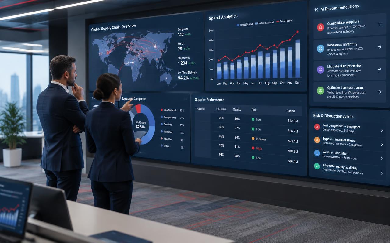 Procurement professionals reviewing digital sourcing and AI analytics dashboards