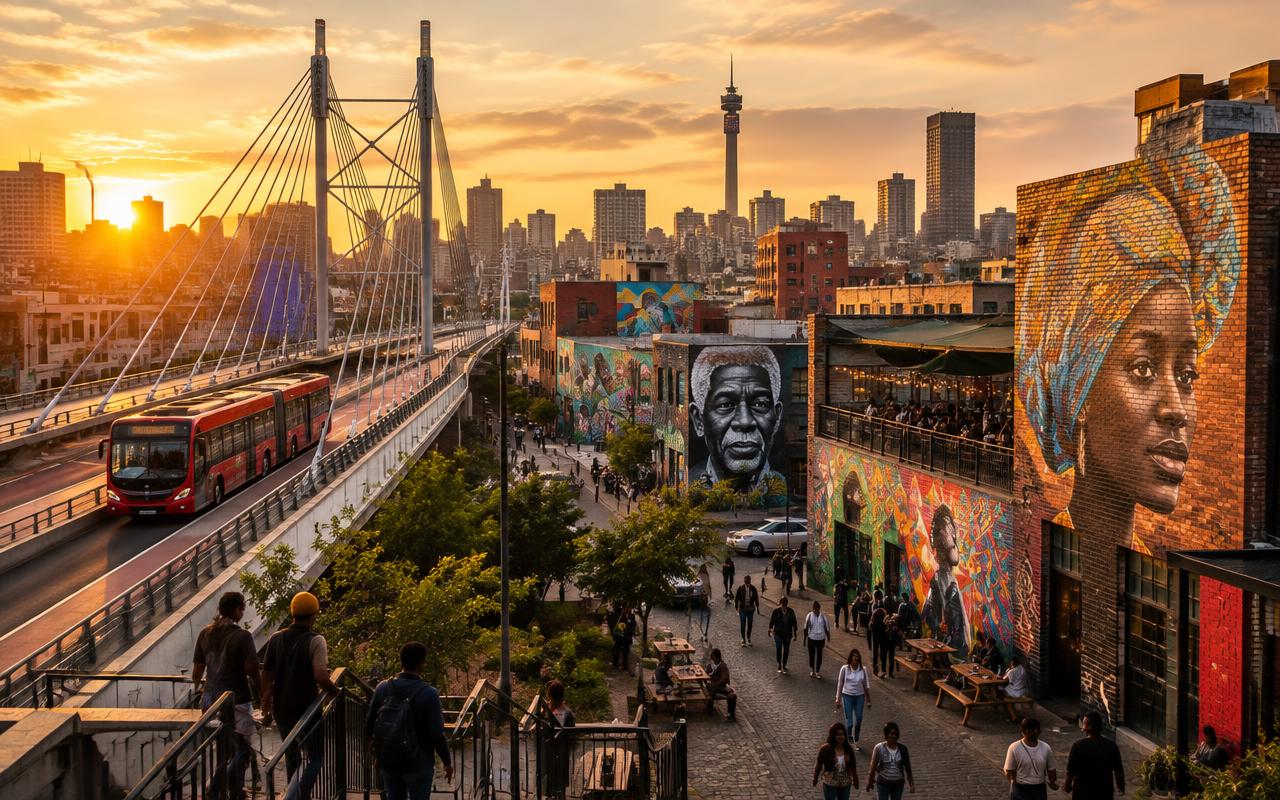 Nelson Mandela Bridge and the street-art walls of Johannesburg's inner city at sunset
