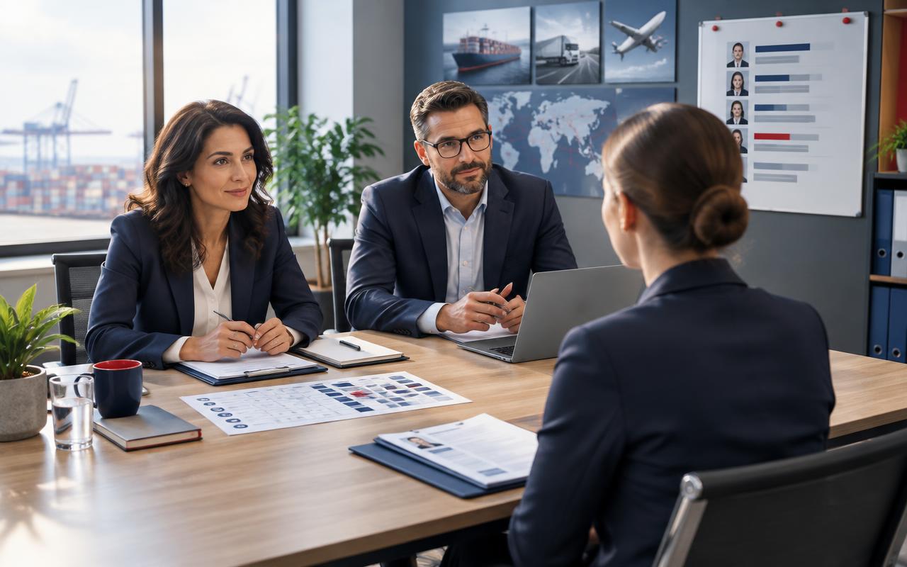 An interview panel assessing a supply chain specialist candidate